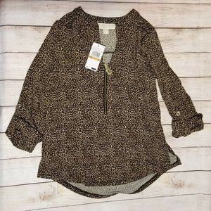 MICHAEL KORS WOMENS LEOPARD PRINT ZIP V-NECK LONG SLEEVE TOP SIZE S NWT $88